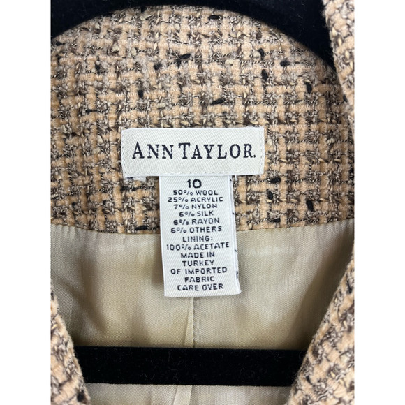 Ann Taylor Womens Suit Jacket Blazer Beige Wool Blend Herringbone Long Sleeve 10 - Picture 6 of 6